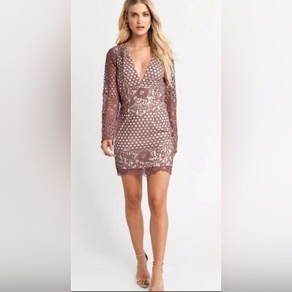Tobi Dresses & Skirts - Tobi Mauve Crochet Tan Lined Lace Long Sleeve Deep V Dress Women’s Size S